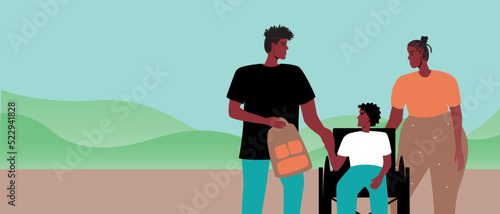 African parents escort disabled person in schoolboy's to school, flat vector stock illustration or copy space template with family outdoor in schoolyard