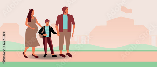 Parents meet schoolboy child from school, flat vector stock illustration or copy space template with family outdoor in schoolyard