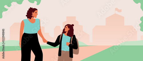 Mom meets from school daughter school age, flat vector stock illustration or copy space pattern with family outdoor in schoolyard