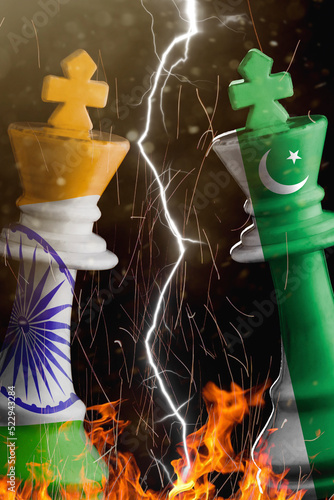 pakistan, and india flags paint over on chess king. 3D illustration pakistan vs india crisis.