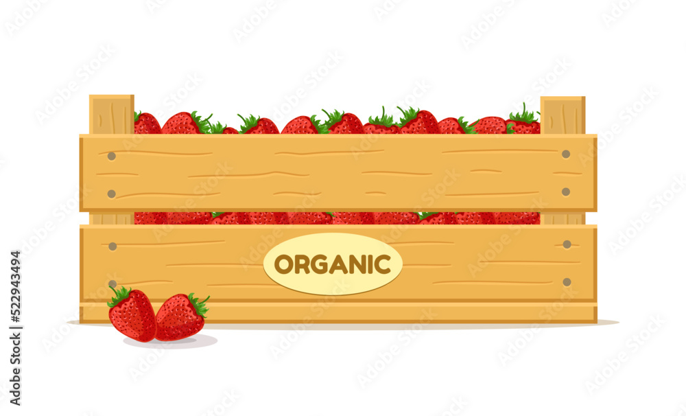 Wooden box with strawberries. Fruit box icon. Vector illustration isolated on white background. Wooden box with strawberries. Fruit box icon. Vector illustration isolated on white background.