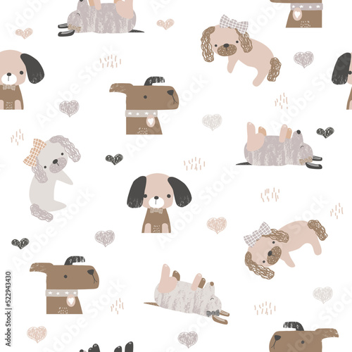 Seamless pattern with funny dogs. Kids cute print. Vector hand drawn illustration.