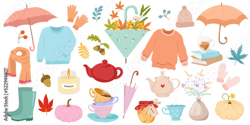 Cozy autumn set with umbrella, sweater, teapot, cup of tea, cup of coffee, books, honey, candle, hat, scarf, rubber boots, vase with Flowers.