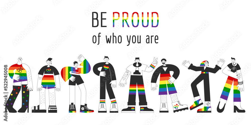 Group of gay people standing with rainbow flag, lgbtq symbols. Homosexual queer men visibility, awareness, equality, pride and rights concept isolated vector flat illustration.