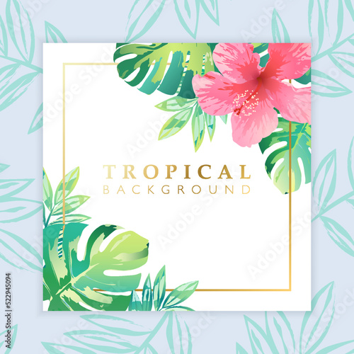 Tropical background decorated with hibiscus flowers and tropical leaves on light blue background. Template for fashion ads, square poster and social media