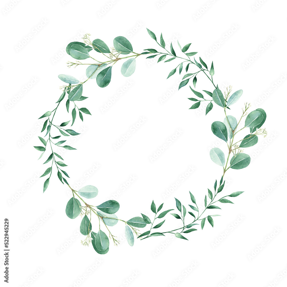 Watercolor wreath isolated on white background. Rustic greenery, pistachio and eucalyptus branches.