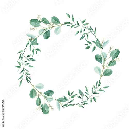Watercolor wreath isolated on white background. Rustic greenery  pistachio and eucalyptus branches.