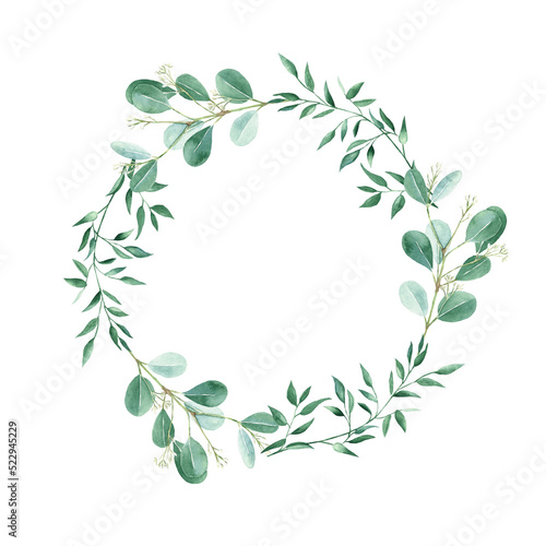 Watercolor wreath isolated on white background. Rustic greenery, pistachio and eucalyptus branches.