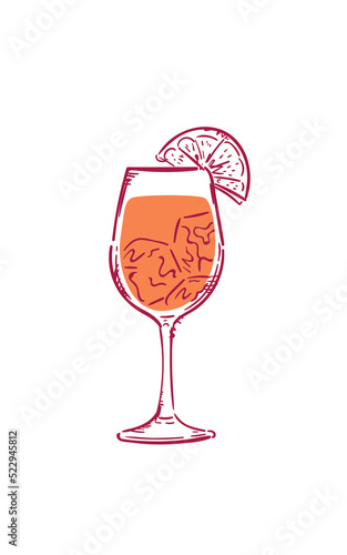 Drawing of a Aperol Spritz Alcohol Drink Isolated on White Background. Hand Drawn Glass of Aperol Spritz Cocktail. Speakeasy Classic Bar Cocktails.