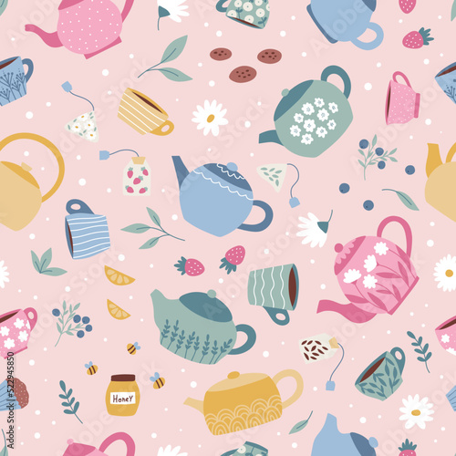 Seamless pattern with tea pots, cups, mugs and sweets on pink background. Hand drawn cartoon dishes. Tea party. Vector illustration.