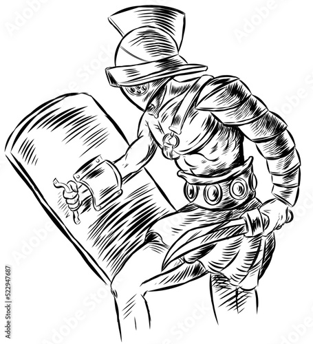 Roman gladiator Soldier With Sword And Shield. hand drawn vector