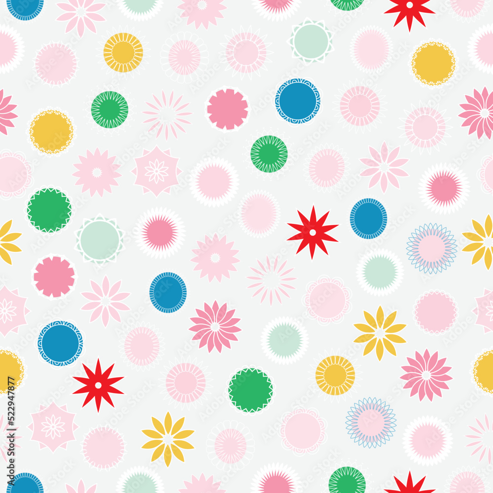 Seamless pattern with colorful geometric flowers.