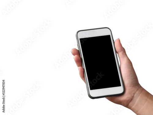 Isolated blank touchscreen mobile phone holding in hands.
