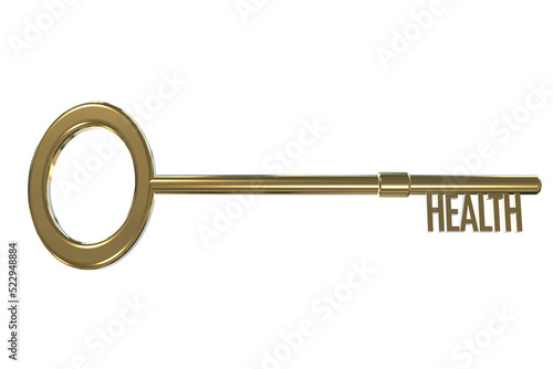 key to health concept health word incorporated in a gold 3D key cut out isolated on a white background