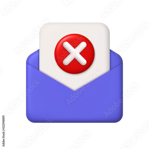 New message 3d icon. Purple open mail envelope, paper and red button with cross mark. 3d realistic vector design element.