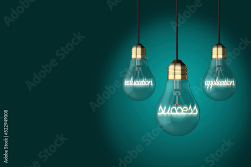 Education concept old style light bulb light bulbs education application success concept glowing text on a blue background