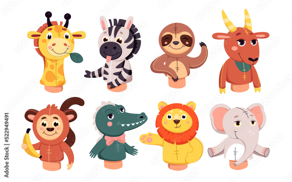 Fototapeta premium Cartoon cute isolated forest and farm animals for kids performance show on theatre stage, marionette characters for educational story in kindergarten. Puppet theater dolls set vector illustration
