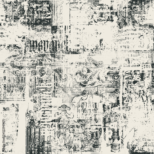 Abstract seamless pattern with chaotic layering of vintage architectural elements and old buildings and gothic letter. Vector background on of ancient architecture and art in creative modern design