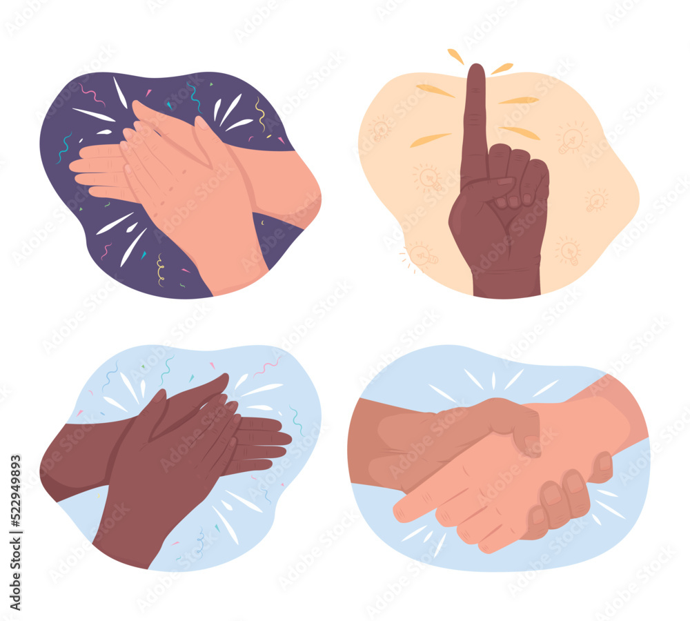 Congratulations 2D vector isolated illustration set. Applauding flat hand gestures on cartoon background. Approval colourful editable scene for mobile, website, presentation collection Congratulations 2D vector isolated illustration set. Applauding flat hand gestures on cartoon background. Approval colourful editable scene for mobile, website, presentation collection