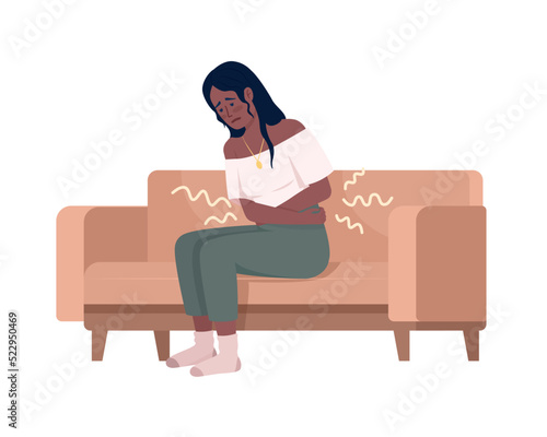 Woman with pain in abdomen semi flat color vector character. Editable figure. Full body person on white. Health simple cartoon style illustration for web graphic design and animation