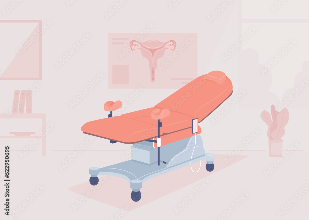Gynecologist office flat color vector illustration. Examination chair ...