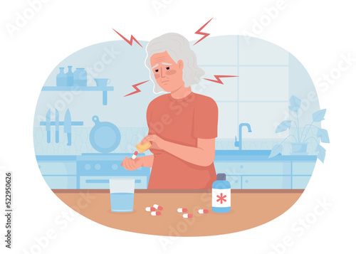 Old woman with migraine taking medication 2D vector isolated illustration. Painkiller flat character on cartoon background. Health colourful editable scene for mobile, website, presentation