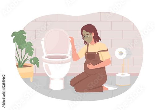 Pregnant woman with nausea in restroom 2D vector isolated illustration. Prenatal problem flat character on cartoon background. Pregnancy colourful editable scene for mobile, website, presentation