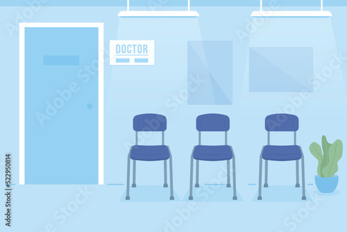 Chairs in doctor office reception room flat color vector illustration. Medical specialist appointment. Fully editable 2D simple cartoon interior with clinic on background. Bebas Neue font used