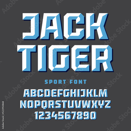 Beveled font, classic style geometric sport team logo type, upper case alphabet and numbers. Vector illustration.