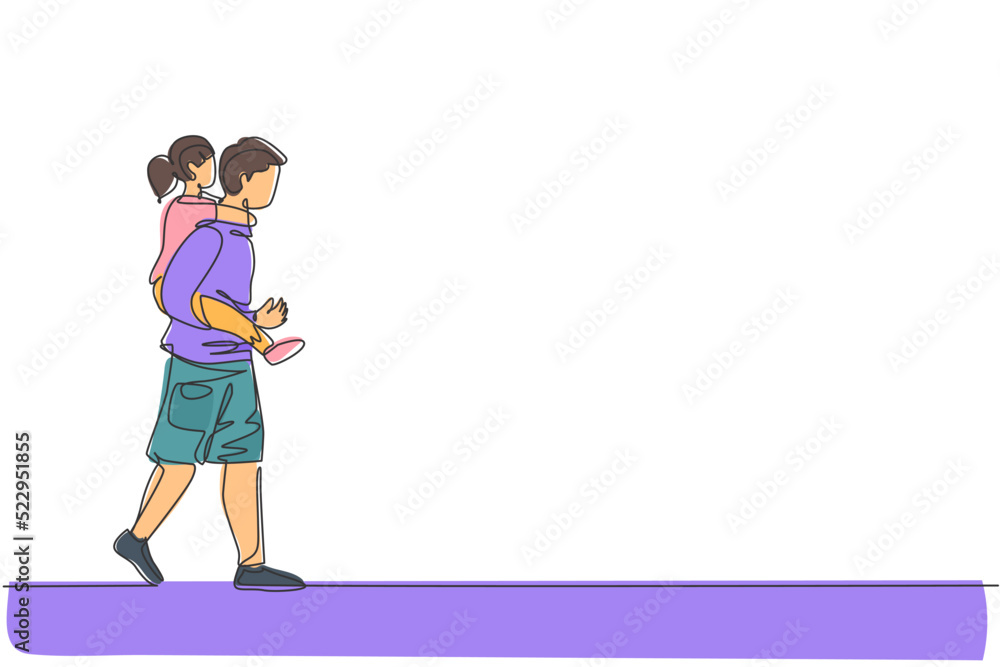 Single continuous line drawing of young dad talking to his daughter while carrying her on back go to the bed room, happy parenting. Family loving care concept. One line draw design vector illustration Single continuous line drawing of young dad talking to his daughter while carrying her on back go to the bed room, happy parenting. Family loving care concept. One line draw design vector illustration