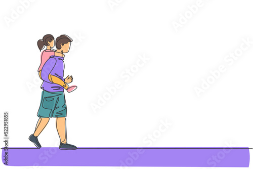 Single continuous line drawing of young dad talking to his daughter while carrying her on back go to the bed room, happy parenting. Family loving care concept. One line draw design vector illustration