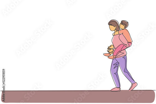 One continuous line drawing of young mother walking while carrying her sleepy tired son on back go to the bed room. Happy family parenthood concept. Dynamic single line draw design vector illustration