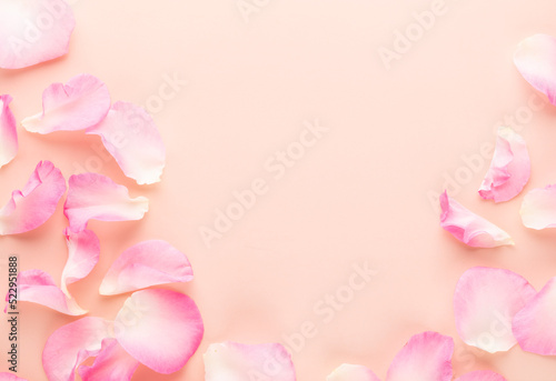 Rose flowers petals on pastel background. Valentines day background. Flat lay, top view, copy space.