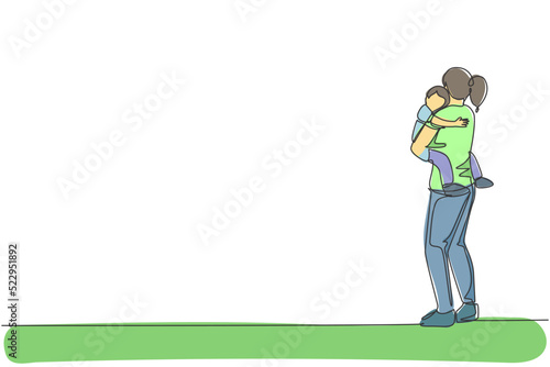Single continuous line drawing young mom carrying her sleepy tired son go to the bed room at home, happy parenting. Family loving care concept. Trendy one line draw design vector graphic illustration