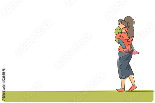 One continuous line drawing of young mother carrying her sleepy tired daughter go to the bed room. Happy family parenthood concept. Dynamic single line draw design graphic vector illustration