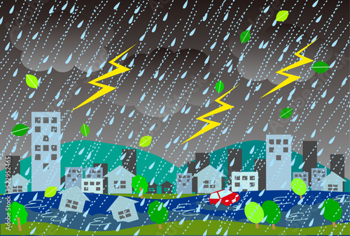 雷と大雨と洪水の街のイラスト