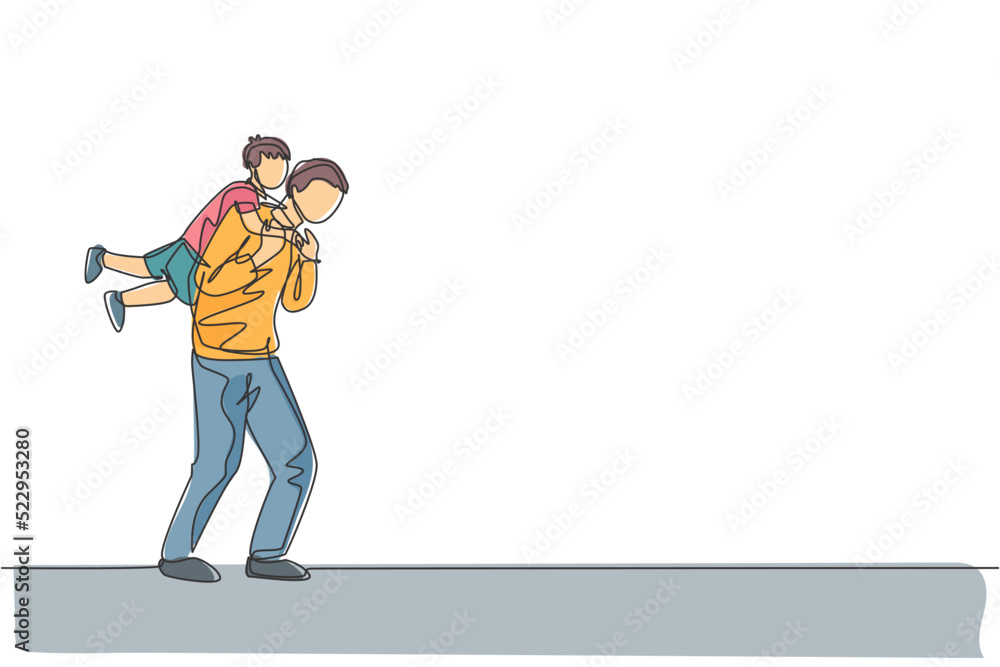 Single continuous line drawing of cheerful little boy hanging on his father's shoulder who walk towards home. Happy family parenthood concept. Trendy one line graphic draw design vector illustration Single continuous line drawing of cheerful little boy hanging on his father's shoulder who walk towards home. Happy family parenthood concept. Trendy one line graphic draw design vector illustration