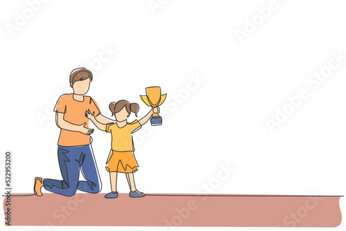 One single line drawing of young father congratulate his daughter who win first place trophy at study competition vector illustration. Happy family bonding concept. Modern continuous line draw design