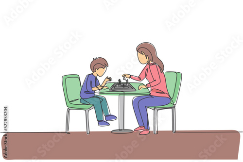 Single continuous line drawing of young mother sitting on chair think seriously playing chess against her son at home. Happy family parenthood concept. Trendy one line draw design vector illustration