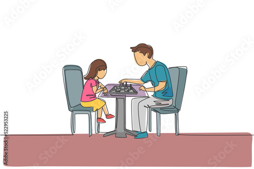 Single continuous line drawing of young father siting on chair think seriously playing chess against his daughter at home. Happy family parenthood concept. One line draw design vector illustration
