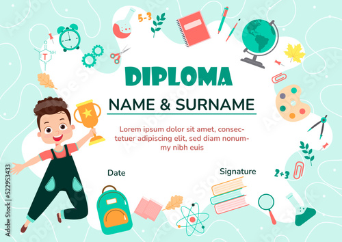 Cute diploma certificate template for school student and preschool for kids and children in kindergarten or primary grades with school pack, kit. Vector cartoon colorful flat illustration
