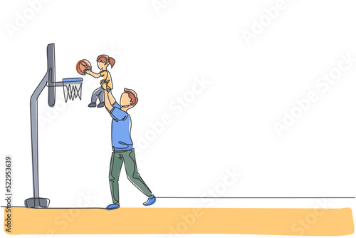 Single continuous line drawing of young father raise his daughter to score when playing basketball game at home field. Happy family parenthood concept. Trendy one line draw design vector illustration