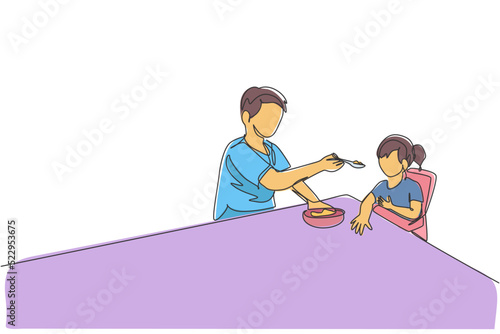 One continuous line drawing young dad feeding his sick fever daughter while siting on dining chair at home. Happy family parenting concept. Dynamic single line draw design vector graphic illustration