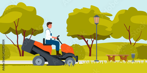 Fotografija Man mowing grass with lawn mower tractor vector illustration