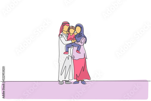 Single continuous line drawing of young happy Islamic mother and father hugging and lifting their boy son together. Muslim happy family parenting concept. One line draw design vector illustration