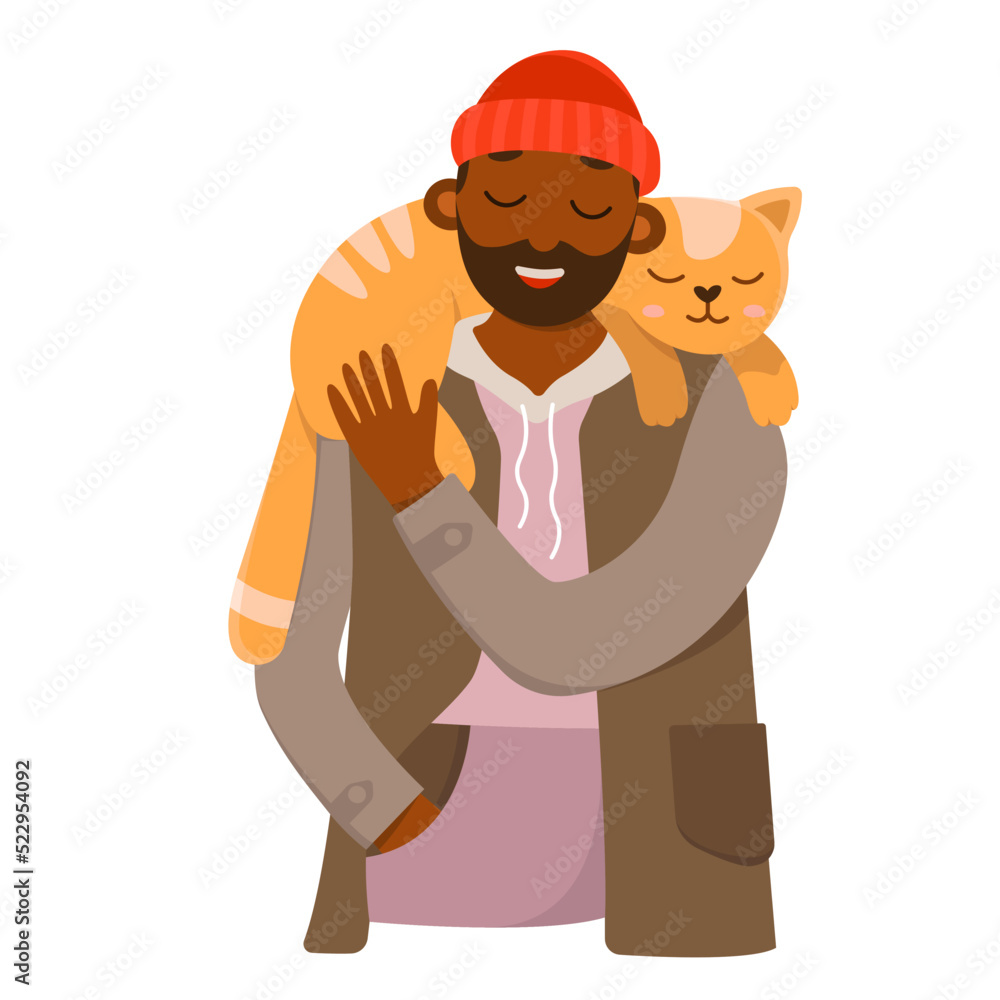 Happy man carrying cute cat on shoulders with love and care vector illustration. Cartoon isolated pet owner standing with red furry animal, hugs and smile of guy and small companion with tail Happy man carrying cute cat on shoulders with love and care vector illustration. Cartoon isolated pet owner standing with red furry animal, hugs and smile of guy and small companion with tail