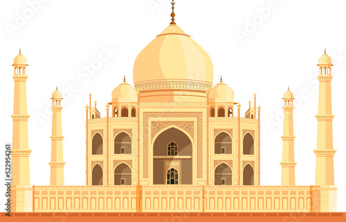 The Taj Mahal. White marble mausoleum. Ancient Palace. Illustration of front view of taj mahal with lake and garden. Uttar Pradesh India. Vector illustration. 