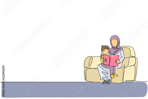 Continuous one line drawing of young Arabian mother reading a story book to her son on sofa. Happy Islamic muslim parenting family concept. Dynamic single line graphic draw design vector illustration