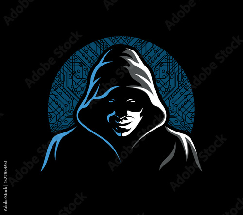 Hacker in the hoodie and with the digital symbols, electronic board  on black background. Vector illustration.