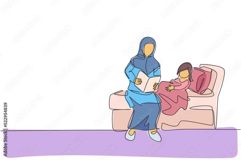One single line drawing of young Islamic mom read bedtime story book to her daughter before sleep vector illustration. Happy Arabian muslim family parenting concept. Modern continuous line draw design